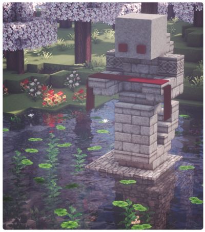 Minecraft Labyrinth Ideas, Minecraft Cemetery Build, Minecraft Waterfall Entrance, Snake Statue Minecraft, Shrine Minecraft Build, Minecraft Town Centerpiece, Minecraft Curved Wall, Mc Graveyard, Minecraft Cauldron Build