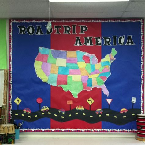 Roadtrip America bulletin board Ties in with chorus concert theme Usa Theme Classroom, Travel Bulletin Boards, Back To School Art Activity, Concert Theme, Patriotic Classroom, School Dance Themes, Road Trip Theme, Roadtrip Ideas, Travel Theme Classroom