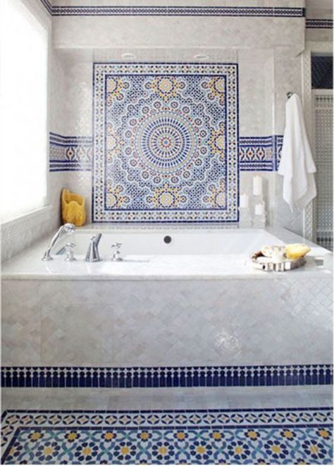 Blue Moroccan Mosaic Tile Bathroom Bathtub Bathroom Mosaic Tile Ideas, Moroccan Tile Bathroom, Moroccan Bathroom, Mosaic Bathroom Tile, Mosaic Bathroom, Moroccan Interiors, Tiles Bathroom, Moroccan Mosaic, Mosaic House