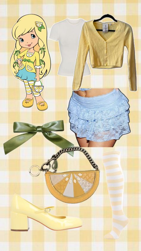 aesthetic lemon meringue costume cute for halloween and group costumes. inspiration aesthetic yellow lemon strawberry shortcake character costumes Lemon Meringue Costume, Lemon Strawberry Shortcake, Lemon Meringue Strawberry Shortcake, Strawberry Shortcake Halloween Costume, Aesthetic Lemon, Strawberry Shortcake Character, Strawberry Shortcake Outfits, Strawberry Shortcake Costume, Character Halloween Costumes