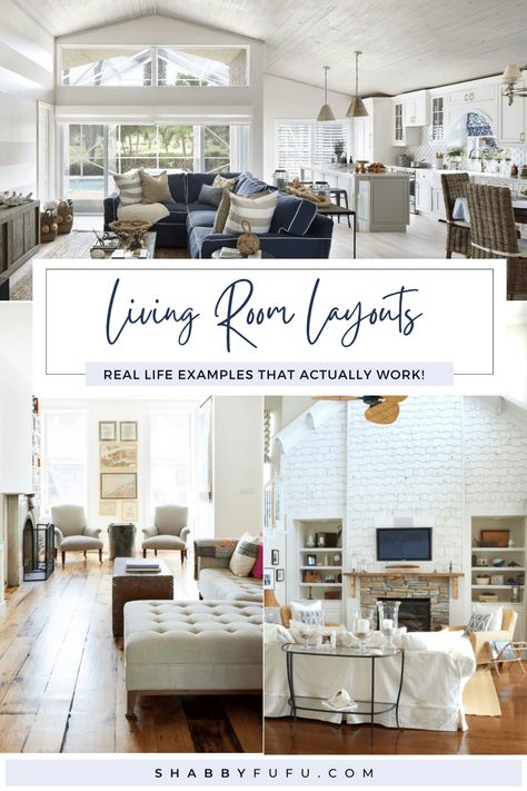 Real-Life Living Room Layouts That Actually Work! Living Room Two Windows, 2nd Family Room Ideas, Living Room Layout With Fireplace And Stairs, Formal Living Room Layout With Fireplace, Living Room Layout Large, Long Couch Living Room Layout, 20x14 Living Room Layout, 2 Couch 2 Chair Living Room Layout, 17x13 Living Room Layout