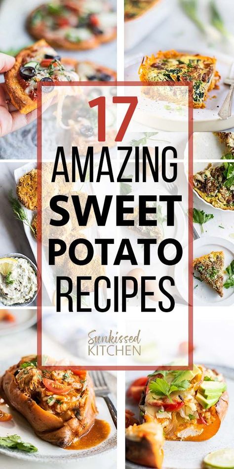 Amazing Sweet Potato Recipes / 17 recipes showing the versatility of sweet potatoes! | SUNKISSEDKITCHEN.COM | #SunkissedKitchen #sweetpotatoes #bakedsweetpotatoes #sweetpotatomash #sweetpotatobreakfast #glutenfreerecipes Sweet Potato Breakfast Recipes, Perfect Baked Sweet Potato, Good Sweet Potato Recipe, Sweet Potato Pizza Crust, Cravings Recipes, Sweet Potato Recipes Healthy, Sweet Potato Recipes Baked, Gluten Free Sweet Potato, Spicy Fried Chicken