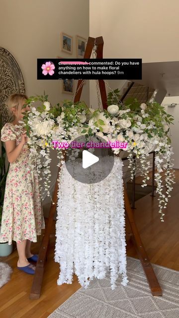 How To Make A Flower Chandelier, How To Hang Flowers From Ceiling, Hanging Wisteria Wedding, Flower Ceiling Diy, Ceiling Flower Design, Diy Flower Chandelier, Flower Chandelier Diy, Hanging Floral Chandelier, Wisteria Garland