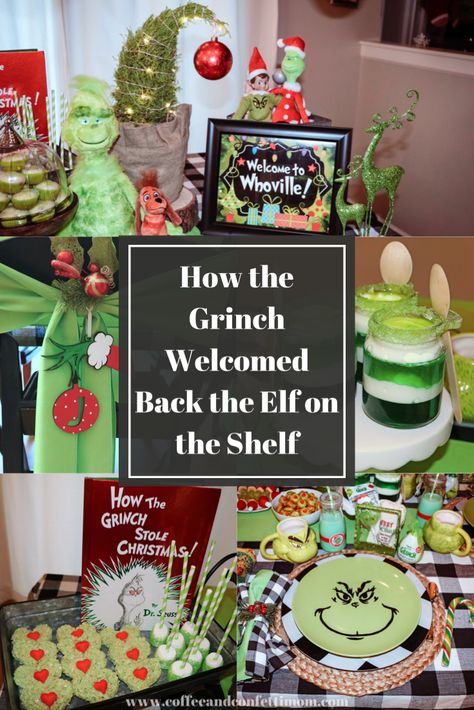 Welcome back your elf on the shelf with a special feast. #elfontheshelf #elfontheshelfideas #christmasbreakfast #thegrinch #elfontheshelfideasforkids Elf On The Shelf Grinch Ideas, Santa Hats Fruit, Grinch Elf On The Shelf, Grinch On The Shelf, Elf On The Shelf Grinch, Grinch Breakfast, Elf On The Shelf Breakfast, Grinch Board, Camper Diy Ideas