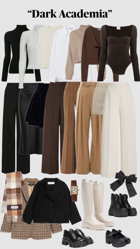 dark academia aesthetic wardrobe essentials | autumn basic clothing | dark academia capsule closet | brown outfits | fall outfit inspiration ideas | back to school clothing | classic outfits Vinter Mode Outfits, Capsule Wardrobe Casual, Dark Academy, Academia Outfits, Fashion Capsule Wardrobe, Clothes And Shoes, Outfits 2023, Fashion Capsule, Stylish Work Outfits