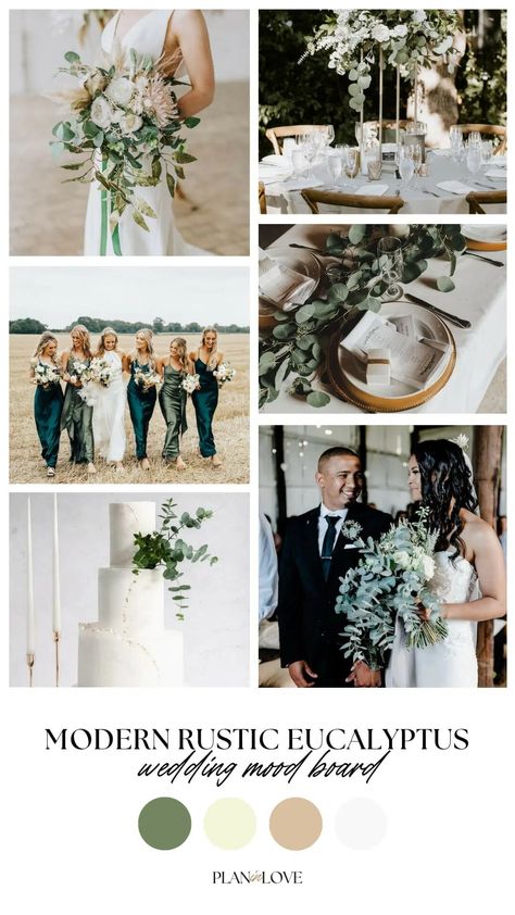 Combine natural elements with modern design for a warm and stylish wedding atmosphere with a modern rustic eucalyptus mood board. Perfect for couples who want a cozy and chic vibe. Modern Chic Wedding, Free Wedding Planning Checklist, Wedding Ceremony Signs, Outdoor Wedding Inspiration, Board Wedding, Modern Wedding Inspiration, Rustic Wedding Inspiration, Tahoe Wedding, Geometric Wedding