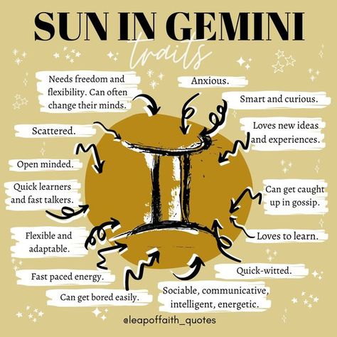 Leap Of Faith - Astrology 🔮🌙 on Instagram: "SUN IN GEMINI TRAITS // hello all Gemini’s! Who here is Gemini Sun? Gemini is known for being intelligent, sociable, communicative, and curious. Gemini is ruled by Mercury, the planet of communication, mental energy and intelligence, giving Gemini the gift of the gab! Geminis are known for being great conversationalist and also very social, making them the life of the party. Geminis often feel the need to be interacting and communicating with others Gemini Sun Gemini Moon, June Gemini Aesthetic, Gemini Sun Tattoo, The People Of Gemini, Gemini Sun Aesthetic, Gemini Core Aesthetic, Gemini Colors, Gemini Witch, Sun Magick