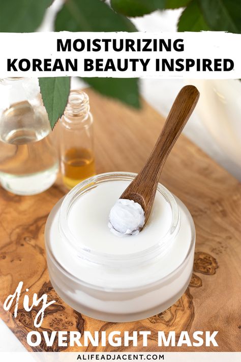 Learn how to make the best DIY overnight face mask for dry skin! This luxurious, Korean Beauty inspired sleeping mask keeps skin moisturized and plump while you sleep. It forms a thick, nourishing barrier, so your mask will stay on your face, not end up on your pillow! This homemade recipe is so easy and inexpensive to make, saving you money on expensive K beauty skin care products. Plus, it’s made without coconut oil, so it’s safe for acne and oily skin. #alifeadjacent Overnight Face Mask Diy, Diy Overnight Face Mask, K Beauty Skin Care, Face Mask For Dry Skin, Face Mask For Wrinkles, Overnight Face Mask, Essential Oil Diy, Mask For Dry Skin, Beauty Skin Care Products