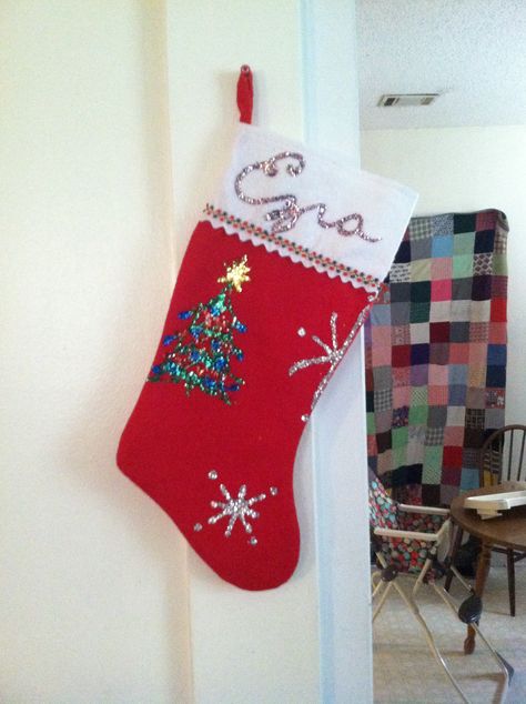 Stocking I decorated for Ezra Glitter Glue Stocking Ideas, Decorated Stocking Ideas, Stocking Designs Diy, Stocking Decorating Ideas For Kids, Stocking Decorating Ideas Diy Puff Paint, Puffy Paint Stocking Ideas, Stocking Painting Ideas, Stocking Decorating Ideas Diy Glitter, Decorate Christmas Stocking