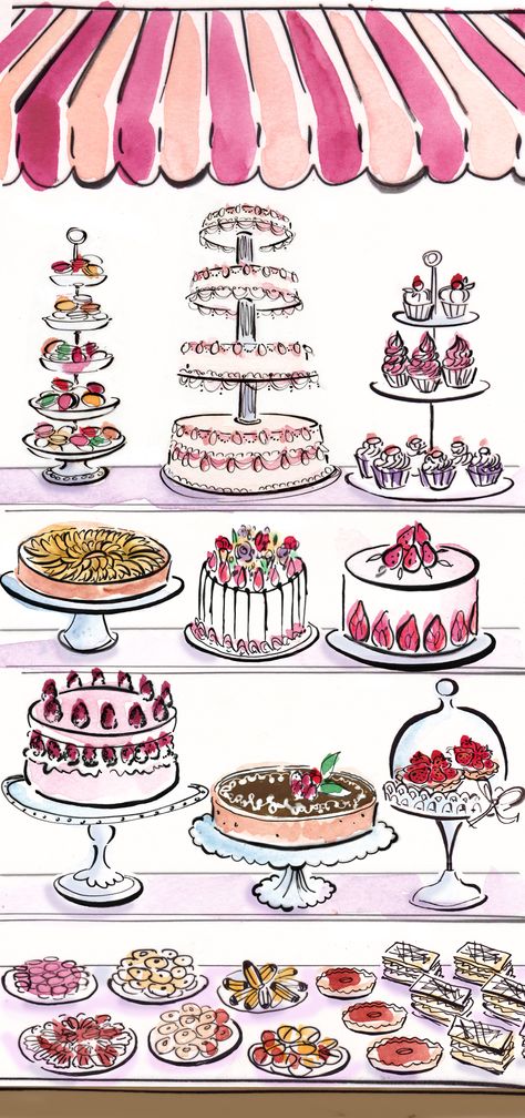 Cake Shop Illustration, Cake Shop Drawing, Cake Shop Aesthetic, Cake Drawing Aesthetic, Robyn Neild, Bakery Sketch, Manga Making, Bakers Menu, Baking Wallpaper