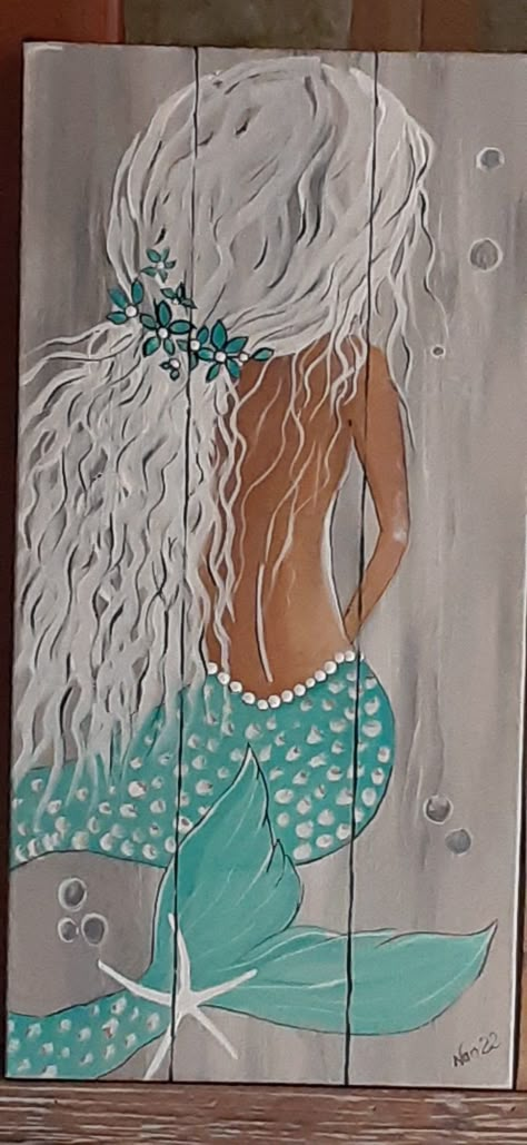 Painted Wooden Mermaids, Mermaid Mural Paintings, Mermaid On Wood Painting, Whimsical Beach Art Paintings, Wooden Mermaid Wall Art, How To Paint A Mermaid Step By Step, Easy Mermaid Painting, Mermaid Painting Ideas, Mermaid Painting Easy