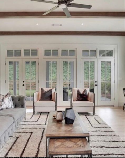 Living Room With Exterior French Doors, Three French Doors Living Room, 3 French Doors In Living Room, 2 Sets Of French Doors, Sunroom Windows And Doors, 2 Sets Of French Doors Living Rooms, Wall Of French Doors, Living Room With French Doors To Patio, Double French Doors Living Room