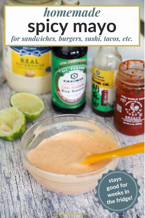 This homemade spicy mayo will take any sandwich, burger, or sushi up a notch, made with chili garlic sauce, sesame oil, soy sauce, and lime, for a flavor packed homemade version of sushi mayo! How To Make Spicy Mayo For Sushi, How To Make Japanese Mayo, Sushi Mayo Sauce, Japanese Spicy Mayo, Sushi Mayo, Asian Hot Sauce, Spicy Mayo Recipe, Sandwich Burger, Sushi Sauce