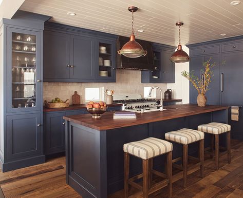 Gorgeous navy kitchen in this beach cottage! Navy Cabinets Butcher Block Counter, Navy Kitchen With Wood Island, Navy Blue Kitchen Cabinets Butcher Block, Navy Cabinets With Butcher Block, Blue Kitchen With Butcher Block Counters, Blue Kitchen Cabinets With Butcher Block, Blue Cabinets Butcher Block Counter, Navy And Wood Kitchen, Navy Kitchen Cabinets