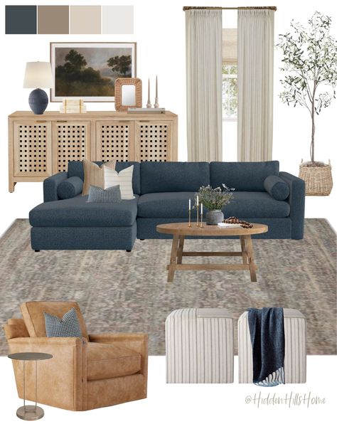 Living Room Design With Blue Couch, White Living Room Blue Couch, Living Room Inspo Navy Couch, Family Room Navy Couch, Couch And Chairs Living Room, Navy Grey Living Room Ideas, Blue Living Room Couch Ideas, Airy Organic Modern Living Room, Living Room Designs Dark Blue Couch