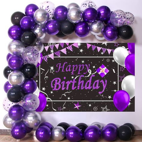 PRICES MAY VARY. 🎉 Purple Party Decorations--- Includes 10" latex balloon 50pcs ( pearlescent dark purple balloons 25pcs, black balloons 15pcs, silver balloons 10pcs ), 12" purple confetti balloons 10pcs, purple birthday backdrop cloth 70.87 x 40.31in (180x110cm), dot glue, strip and ribbon. 🎈 Happy Birthday Backdrop --- Made from thick polyester fabrics, seamless, durable, lightweight, no-fading, and reusable. Vibrant printing of flags, starry sky, present, balloons and "Happy Birthday" lette Black Purple Birthday Decor, Dark Purple Decorations, Purple Silver And Black Party Decor, Black And Purple Birthday Theme, Purple And Black Birthday Decorations, Black And Purple Party Decorations, Black And Purple Birthday Decor, Black And Purple Party, Purple Black Party