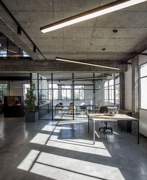 ROY DAVID · BUREAUX PERSONETICS · Divisare Concrete Office, Modern Office Lighting, Industrial Office Space, Industrial Office Design, Loft Office, Modern Office Space, Modern Office Decor, Designer Decor, Corporate Office Design