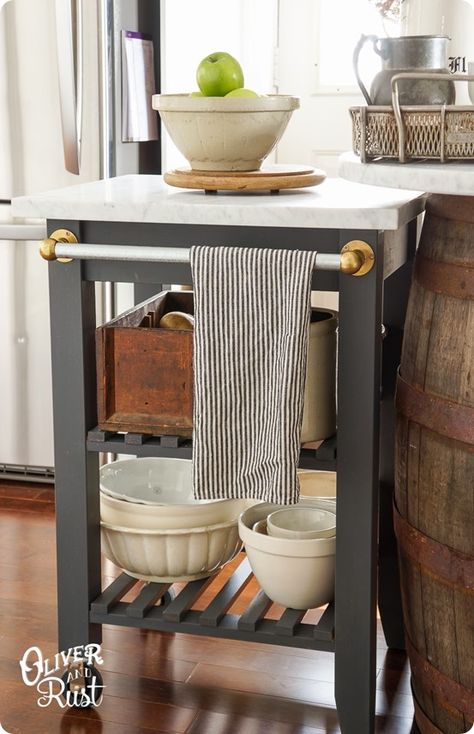 IKEA hack --- Check out how to turn a basic wood kitchen cart from IKEA into a gorgeous kitchen cart inspired by Williams-Sonoma! Ikea Kitchen Cart, Ikea Cart, Ikea Bekvam, Hack Ikea, Ikea Hack Kitchen, Hacks Ikea, Kitchen Ikea, Ikea Furniture Hacks, Decor Ikea