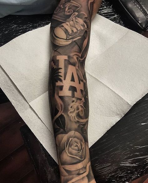 La Sleeve Tattoo, Worldly Tattoos, Tattoo Collage Sleeve, The World Is Yours Sleeve Tattoo, Cali Tattoo Ideas For Men, 407 Tattoo, Crenshaw Tattoo, El Paso Tattoo, La Tattoo Ideas