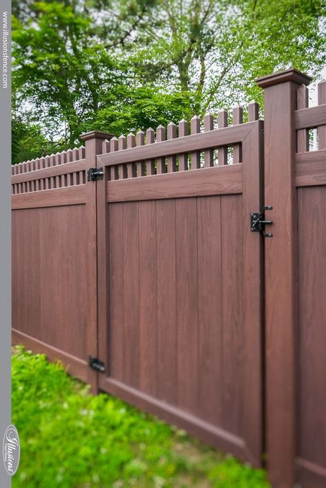 37 Incredible Vinyl Wood-Grain Fence Images from Illusions Vinyl Fence | Illusions Fence Wood Grain Vinyl Fence, Farmhouse Fence, Pool Stuff, Fence Designs, Ironing Boards, Privacy Fence Designs, Fencing Ideas, Fence Styles, Diy Fence