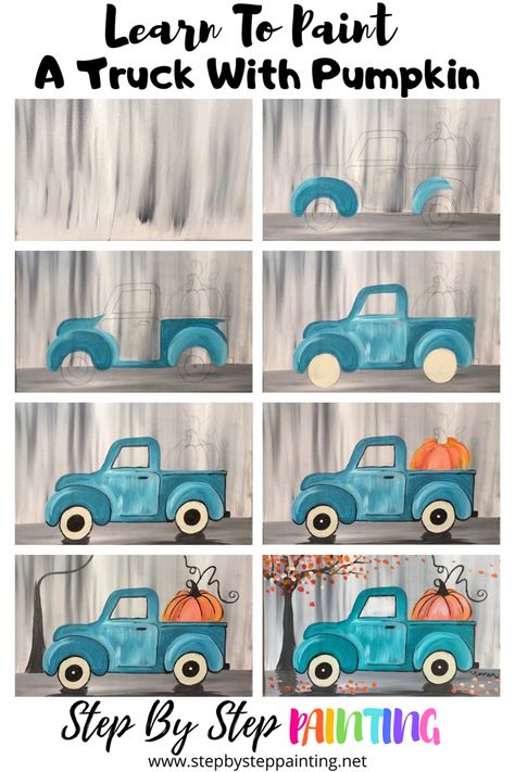 Learn to paint a vintage teal truck with a pumpkin. This acrylic painting tutorial is guided by Tracie Kiernan and includes free directions and a video. Learn to paint online. Tutorial has a traceable of the truck that you can download and trace onto your canvas. Free Painting Tutorials, Truck Paintings On Canvas, Tracie Kiernan, Truck Painting, Art October, Step By Step Acrylic Painting, Teacher Art, Painting Instructions, Fall Canvas Painting