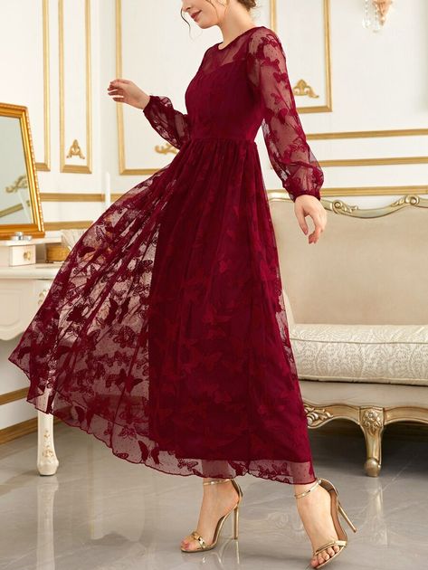 SHEIN Modely Butterfly Embroidery Mesh Lantern Sleeve Dress | SHEIN USA Red Butterfly Dress, Flower Dress Formal, Sheer Fabric Dress, Maxi Dress For Wedding, Burgundy Party, Simple Maxi Dress, Vestido Shein, Simple Long Dress, Dress Elegant Long