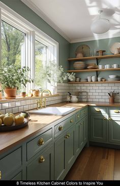 Kitchen Cabinet Color Ideas Wood Countertops, Green Small Kitchen Ideas, Aesthic Kitchens, Sage Lower Cabinets White Upper, Kitchen Design Swatches, Sage Green Countertops Kitchen, Cabinet Colors With Butcher Block Counters, Small Ranch Interior Design, Kitchens Cabinets Colors