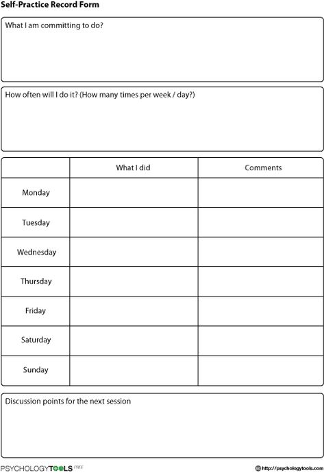 Self Practice Record Form CBT Worksheet | Psychology Tools Cbt Activities, Ocd Therapy, Psychology Tools, Cbt Worksheets, Clinical Social Work, Psychology Degree, Planner Organization, Social Work, Homework