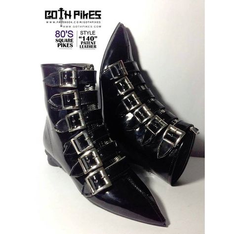 Pikes Winklepickers classic 6 buckle boots Goth Gothic Batcave WGT... ($102) ❤ liked on Polyvore featuring shoes, boots, ankle booties, suede boots, vegan leather boots, suede buckle boots, patent leather boots and buckle booties Gothic Shoes Boots, Traditional Goth, Boots Goth, Goth Shoes, Gothic Boots, Gothic Shoes, Witchy Fashion, New Rock, Buckle Boots