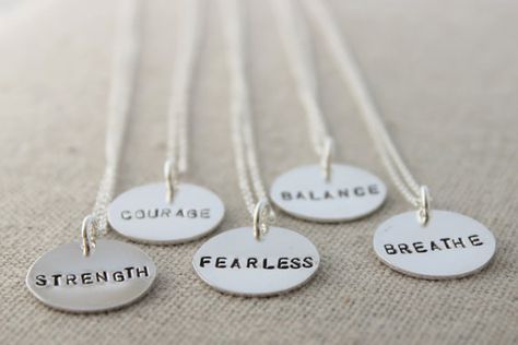 inspirational word necklace available in sterling silver or 14k gold filled - discs are made from recycled sterling silver or 14k gold filled one 5/8 sterling silver disc and delicate cable chain up to 8 horizontal characters or 12 curved - choose from one of the pictured Country Store Ideas, Fearless Necklace, Mantra Necklace, Stamp Jewelry, Stamping Jewelry, Diy Bling, Irish Ring Claddagh, Word Necklace, Stamped Necklaces