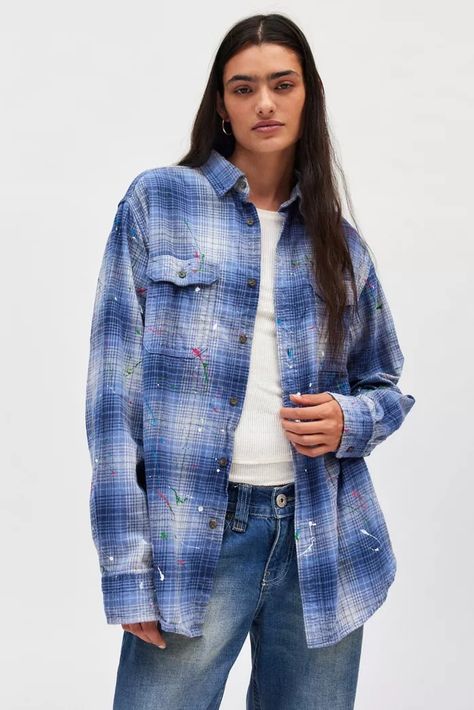 flannel Fitted Tunic, Oversized Flannel, Urban Renewal, Blue Fits, Fabric Collars, Paint Splatter, Tunic Length, Fashion Tops, Women's Tops