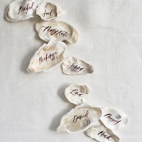 Card Ideas Unique, Oyster Shell Place Cards, Oyster Wedding, Sea Wedding Theme, Shell Place Cards, Unique Place Cards, Shells Collection, Clam Shells, Sea Wedding