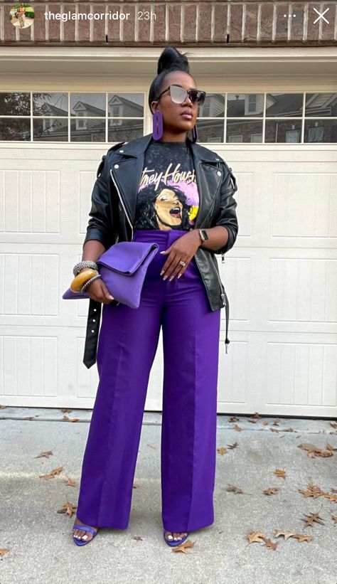 Purple Rain Outfit Ideas, Female Nerd Outfit, Purple And Grey Outfits For Women, Rehab Outfit, Work Conference Outfits Women Spring, Purple And Black Outfits Casual, Black And Purple Outfit Ideas, How To Style Purple Pants, Womens Conference Outfit