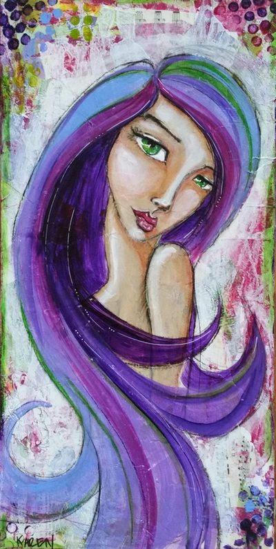 Mixed Media - KAREN CAMPBELL, ARTIST Hair With Green Eyes, Purple And Pink Hair, Karen Campbell, Mixed Media Faces, Whimsy Art, Mixed Media On Canvas, Abstract Faces, Mixed Media Art Journaling, Media Painting