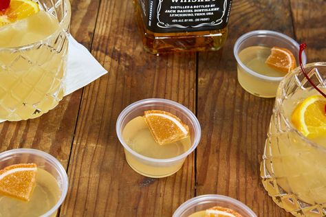 Whiskey Sour Jello Shot Recipe - Thrillist Whiskey Sour Jello Shots, Jello Shots Whiskey, Jello Shots With Whiskey, Whiskey Jello Shots Recipe, Wedding Jello Shots, Whiskey Jello Shots, Hello Shots, Whiskey Tasting Party, Camp Meals