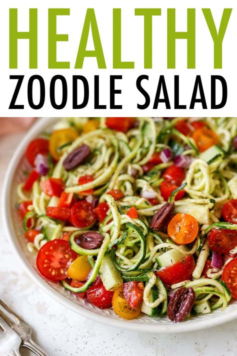 This zucchini noodle salad is loaded with veggies and tossed in a homemade Italian dressing. It's the perfect side salad for summer cookouts, BBQs and picnics! Zucchini Noodle Salad Recipes, Volume Meals, Zucchini Noodle Recipe, Zucchini Noodles Spaghetti, Zucchini Noodle Salad, Zoodle Salad, Zucchini Pasta Salad, Zucchini Noodles Salad, Noodles Salad