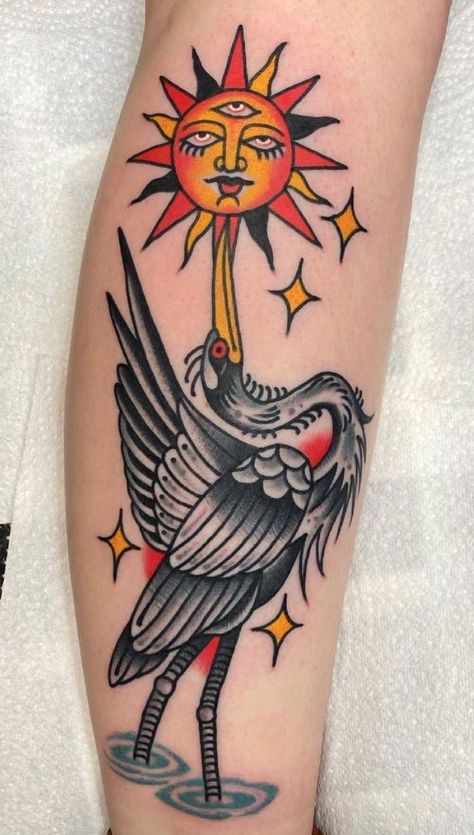 Traditional Sun Tattoo, Pelican Tattoo, Heron Tattoo, Crane Tattoo, Traditional Tattoo Inspiration, Funky Tattoos, Traditional Tattoo Sleeve, Sun Tattoos, American Tattoos