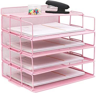 LUCYCAZ 4 Tier Reinforce Stackable Paper Tray, Metal Mesh File Holder Desk Organize for File Letter Document and Legal Papers, Pink Pink File, Paper Tray Organizer, Desk Paper Organizer, Desk File Organizer, Pink Office Supplies, Desktop File Organizer, Office Supplies Desk Accessories, Pink Desk, Desk Organizer Set