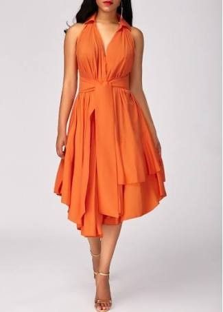 Orange Dress Outfit, Cocktails Dresses, Orange Dresses, Afrikaanse Mode, Asymmetric Dress, Fashion Dresses Online, Black Dress With Sleeves, Layered Dress, High Waist Dress