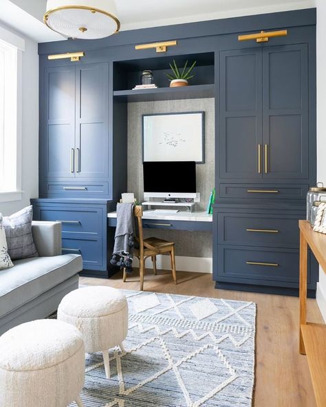 Office Upper Cabinets, Office Cabinet Colors Built Ins, Built In Dresser And Desk, Schoolroom Ideas, Brooke Wagner, Office Built Ins, Cozy Family Rooms, Dining Office, Long House