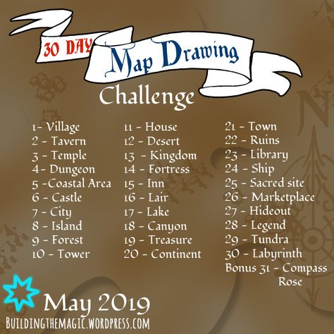 30 Day Map Drawing Challenge - I'm going to try this! 30 Day World Building Challenge, 30 Day Drawing Challenge Fantasy Art, Build A World In 31 Days, Fantasy Drawing Challenge, Minecraft 30 Day Build Challenge, Minecraft 30 Day Challenge, Background Drawing Challenge, Architecture Drawing Challenge, Concept Art Challenge