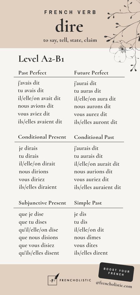 Learn the most useful irregular verb tenses to reach CEFR level A2-B1 (Intermediate). The French language counts 300 irregular verbs, and Dire is among the 100 most used irregular verbs.  Need help to boost your conversational skills in French?  Go to www.frencholistic.com/french-tutoring.  Follow me to learn something new every week. French Verb Tenses, French Tenses, French Language Basics, Irregular Verb, Learn French Fast, Useful French Phrases, French Practice, Learn To Speak French, French Basics