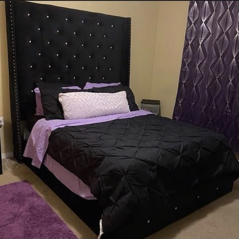 Black And Purple Bedroom Ideas For Women, Purple And Black Room Ideas, Purple Black Bedroom, Room Ideas Aesthetic Black And Purple, Purple And Black Bedding Sets, Black Bed With Rhinestones, Black And Purple Comforter Sets, Purple Living Room Ideas, Black And Purple Gothic Bedding