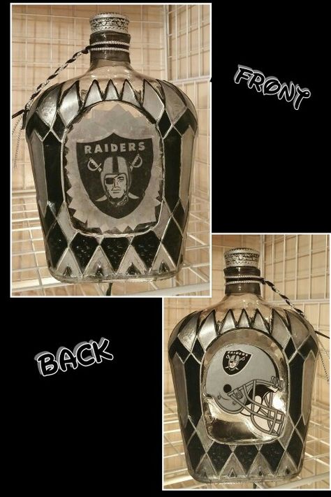 Raiders themed Royal Crown liquor bottle. Crown Royal Bottle Crafts Diy, Crown Royal Diy, Diy Liquor, Raiders Gifts, Alcohol Bottle Decorations, Empty Liquor Bottles, Crown Royal Bottle, Liquor Bottle Lamp, Diy Mug Designs