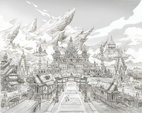 ArtStation - Sketch_Oriental village_0128, Won Jun Tae Fantasy City Sketch, Airship Art, City Sketch, Concept Art Tutorial, Sf Art, Architecture Design Drawing, Perspective Art, Building Art, Fantasy City