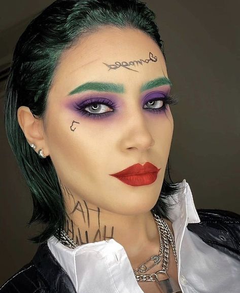 Halloween Costume With Makeup, Glam Joker Makeup, Female Joker Costume Outfits, Joker Makeup Female, Joker Fancy Dress, Bestie Costumes, Female Joker Costume, Superhero Makeup, Joker Halloween Makeup