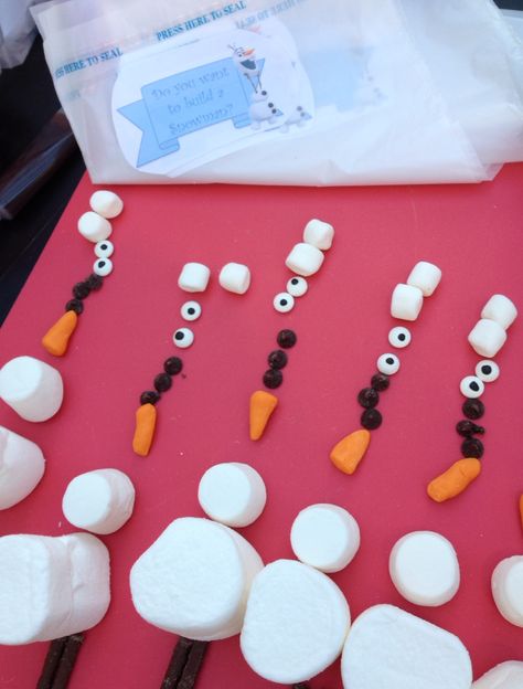 Assembling our 'Do you want to build a snowman' #Olaf kit parts, in birthday party readiness #frozenbirthday -- marshmallows, Wilton candy eyes, Quality Street Matchmaker arms, fondant nose, chocolate chip buttons. Just add piped icing for mouth and you're set! Marshmallow Olaf Build A Snowman, Olaf Marshmallow Snowman, Build A Snowman Kit, Olaf Marshmallow, Elsa Birthday Party, Snowman Kit, Candy Eyes, Xmas Games, Marshmallow Snowman