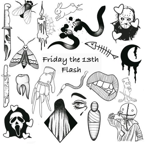 A bunch of tattoo flash for Friday the 13th or Halloween type tattoos. Everything in the pictures is posted of what you would be getting. Some are just outlines waiting for you to fill in others are filled in with shading and dotwork. Make your life easier and get these spooky stamp set ready for your clients to choose from. Scary Tattoo Ideas, Friday The 13th Flash, Halloween Tattoo Flash, Flash Art Tattoos, Tato Flash, Tattoo Ideas Simple, Friday The 13th Tattoo, Horror Movie Tattoos, Cool Shoulder Tattoos