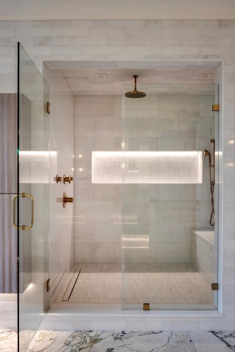 Bathroom Niche Design, Aesthetic Home Design, Steam Room Shower, Bathroom Niche, Shower Lighting, Home Decor Aesthetic, Bath Renovation, Master Shower, Bathroom Redesign