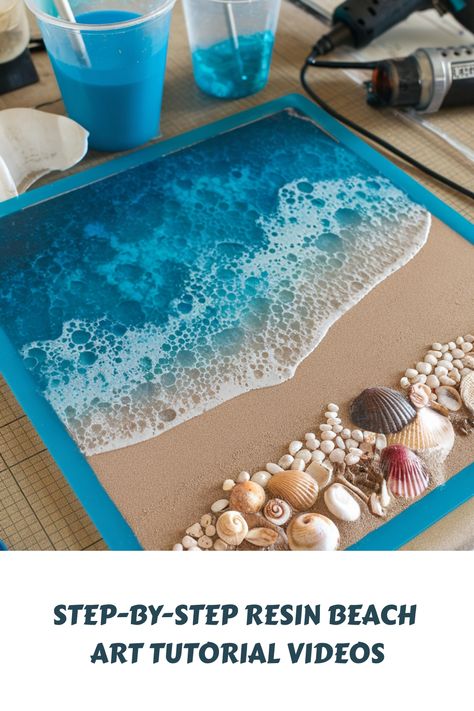 Resin beach artwork with seashells and waves in progress. Sea Glass Resin Art, Art Tutorial Videos, Beach Art Diy, Resin Beach Art, Resin Beach, Collaborative Art Projects, Acrylic Pouring Techniques, Art Videos Tutorials, How To Craft